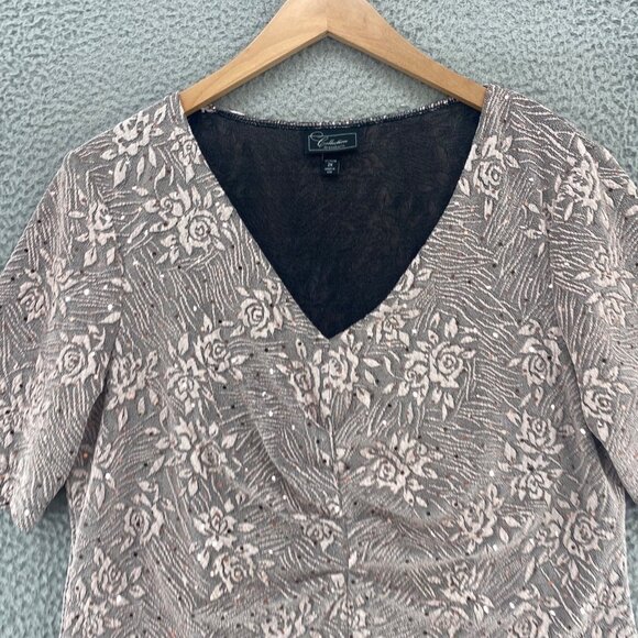 Dressbarn Top Womens 2X Plus Mauve Metallic Sequin Jacquard V Neck Short Sleeves - Picture 2 of 10